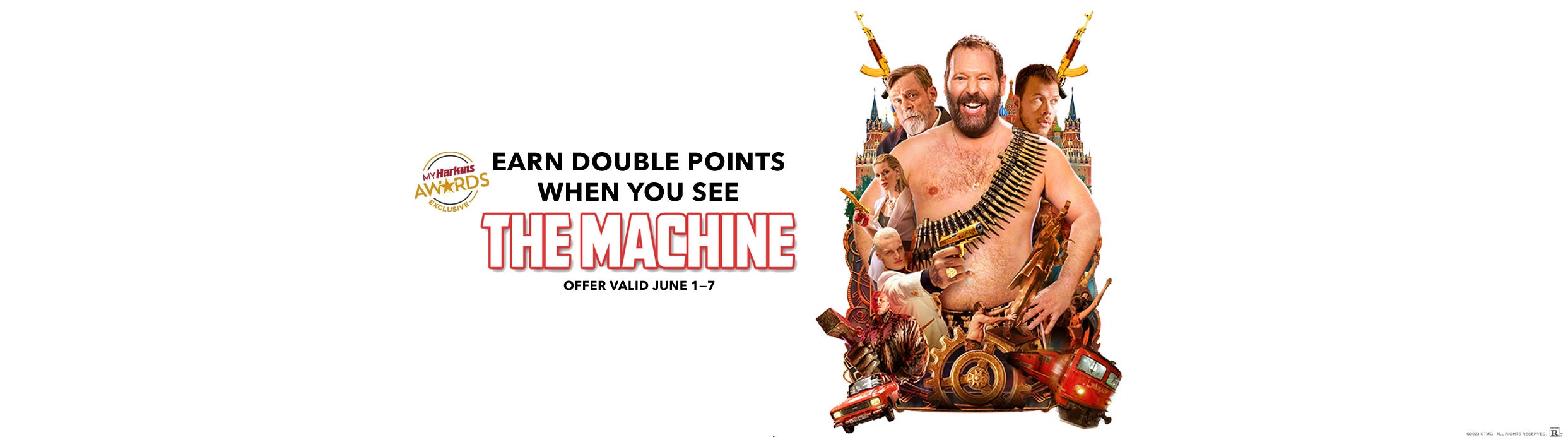 Large shirtless man smiles with gun amo around his chest in The Machine  - Tickets are on sale now at Harkins!