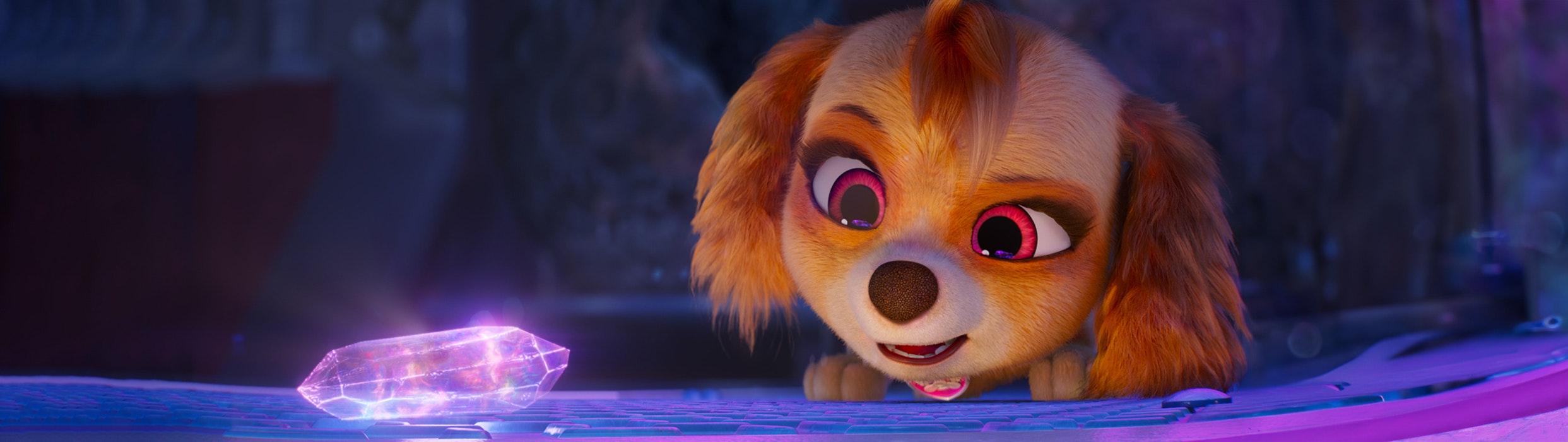 Animated girl puppy looks at glowing crystal in Paw Patrol 2: The Mighty Movie now showing at Harkins! Get your tickets today!